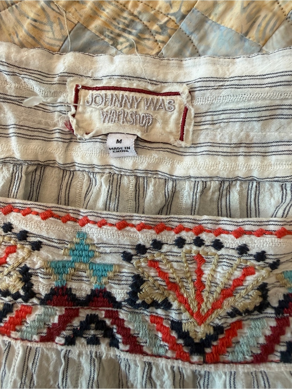 Embroidered Johnny Was Square-Neck Boho Top in White with Coral Accents - Picture 4 of 4